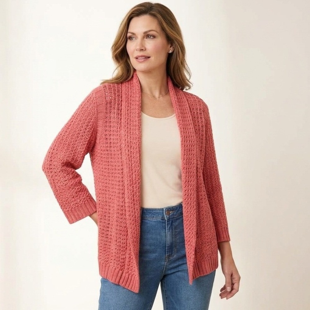 Chico's Open Front Cardigan Women Medium Coral Pink Textured Knit Shawl Collar